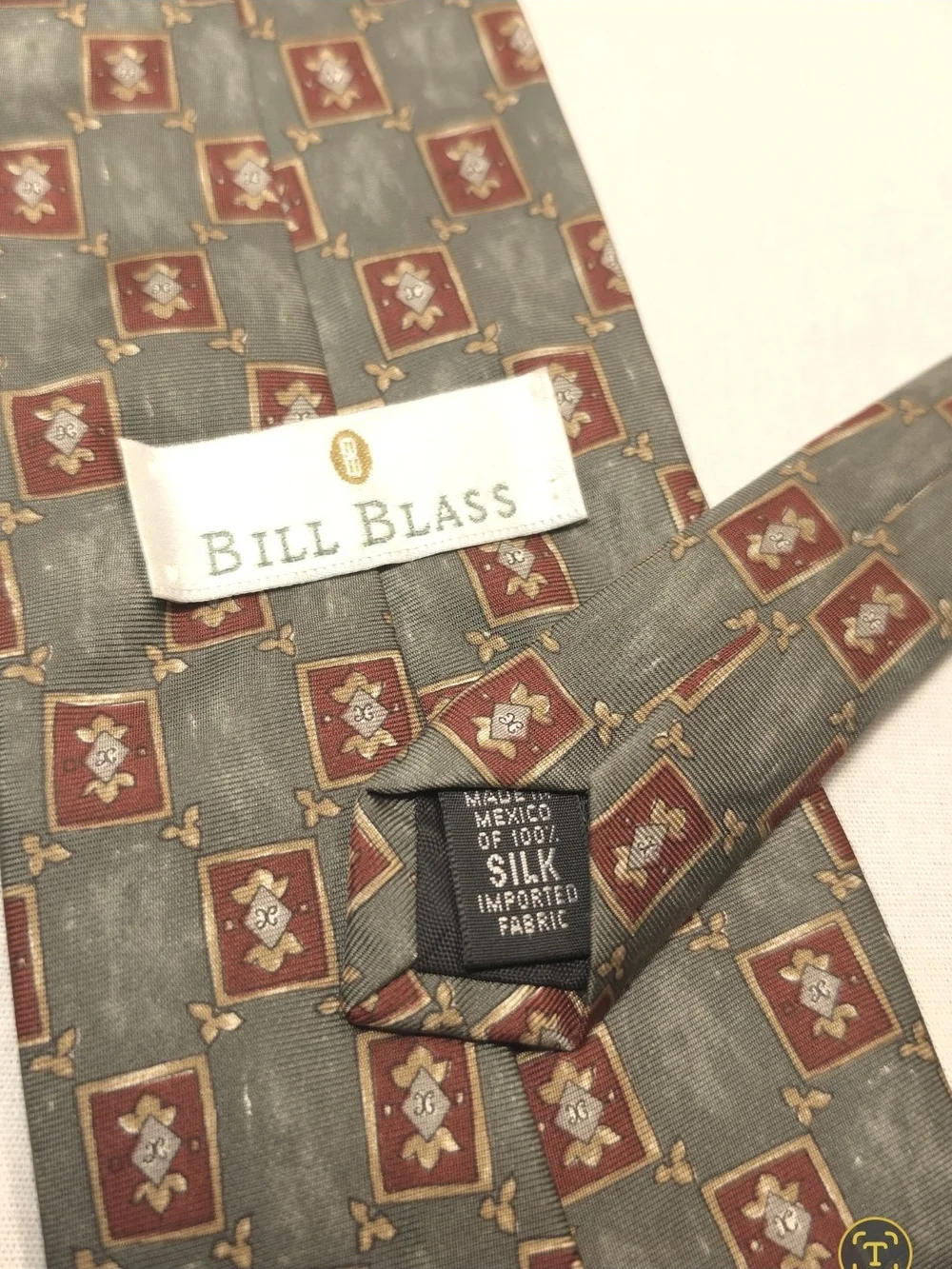 bill blass Gray Silk Tie with Red and Gold Medallions
